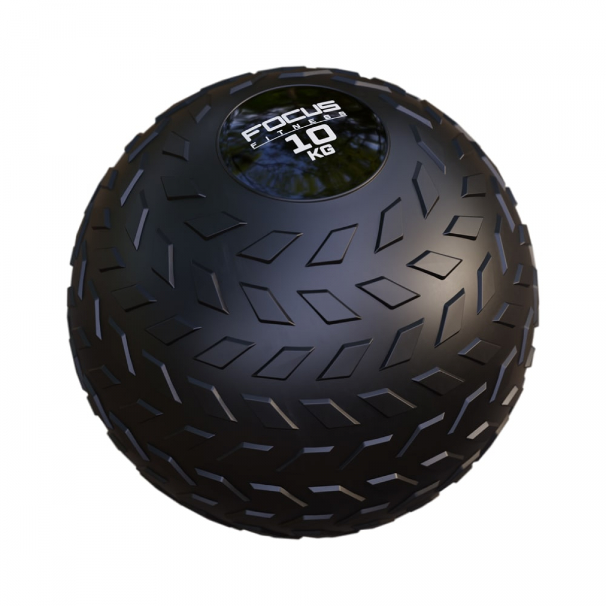 A black slam ball with a textured surface, and the text 'FOCUS FITNESS 10 KG'.