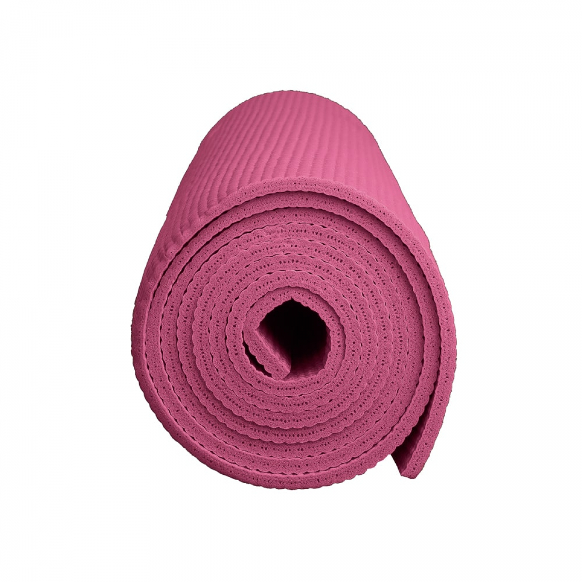 Rolled-up pink yoga mat. The mat is in the shape of a cylinder. White background.