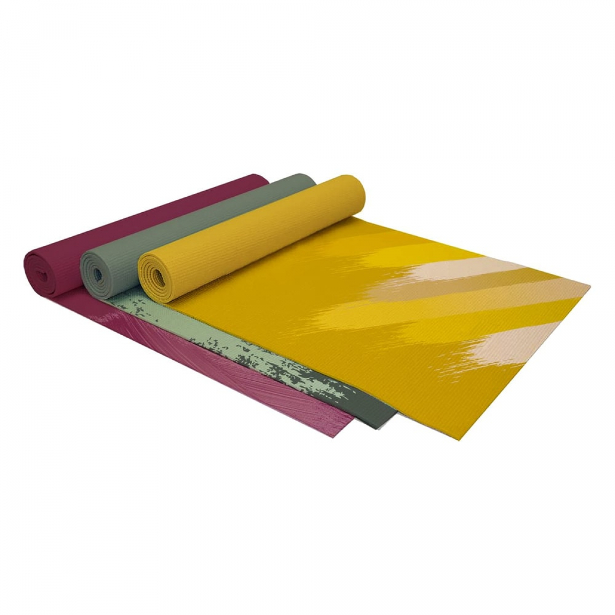 Rolled yoga mats in burgundy, green, and yellow, on a white background.