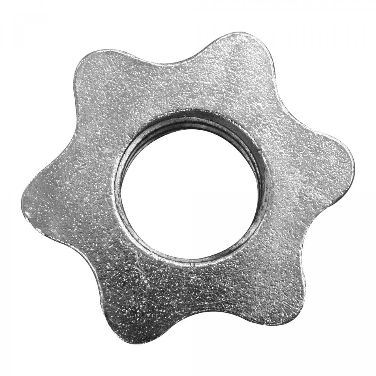 Silver weight plate collar for barbell. Star-shaped design with a central hole.