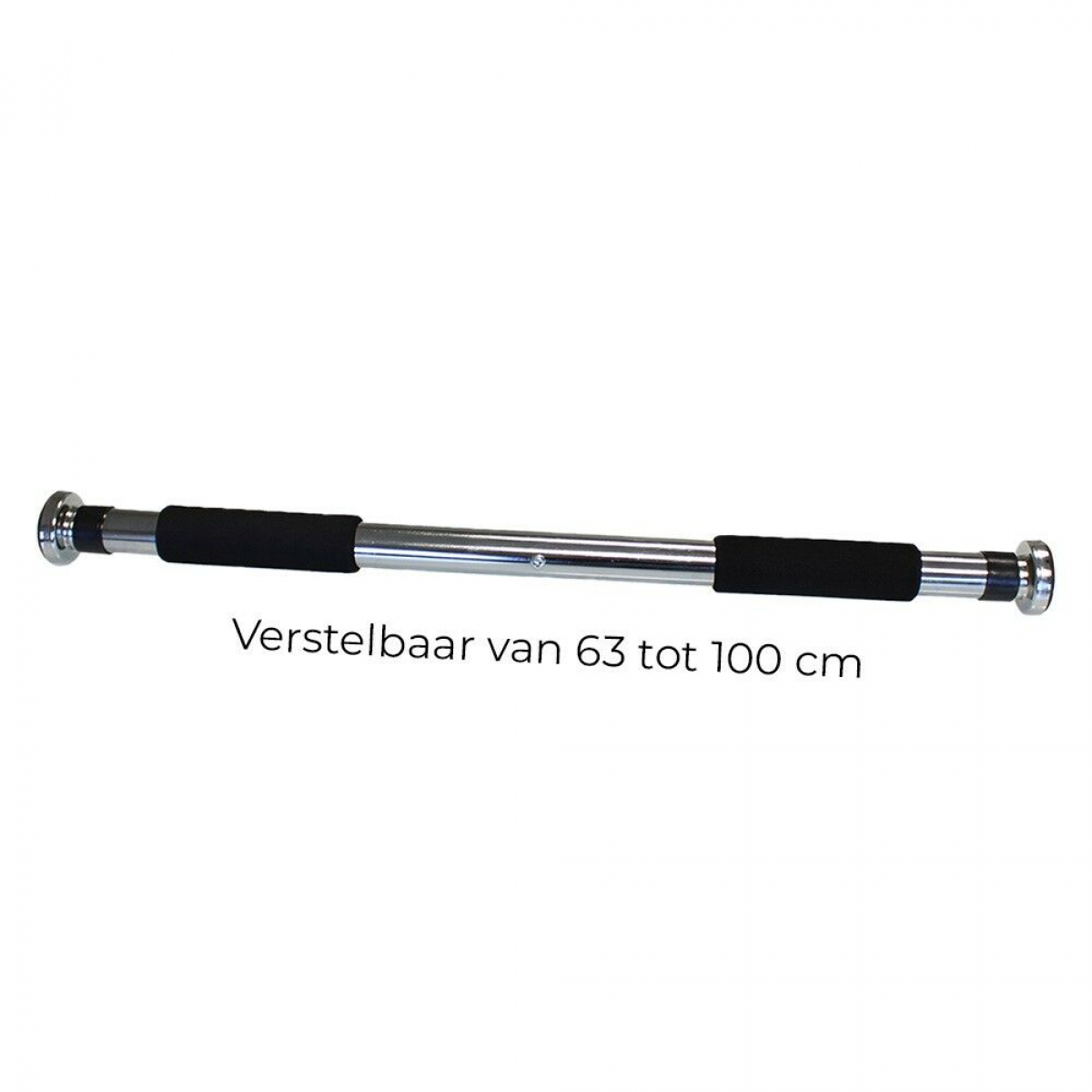 A silver pull-up bar with black foam grips. Text says 'Adjustable from 63 to 100 cm'.