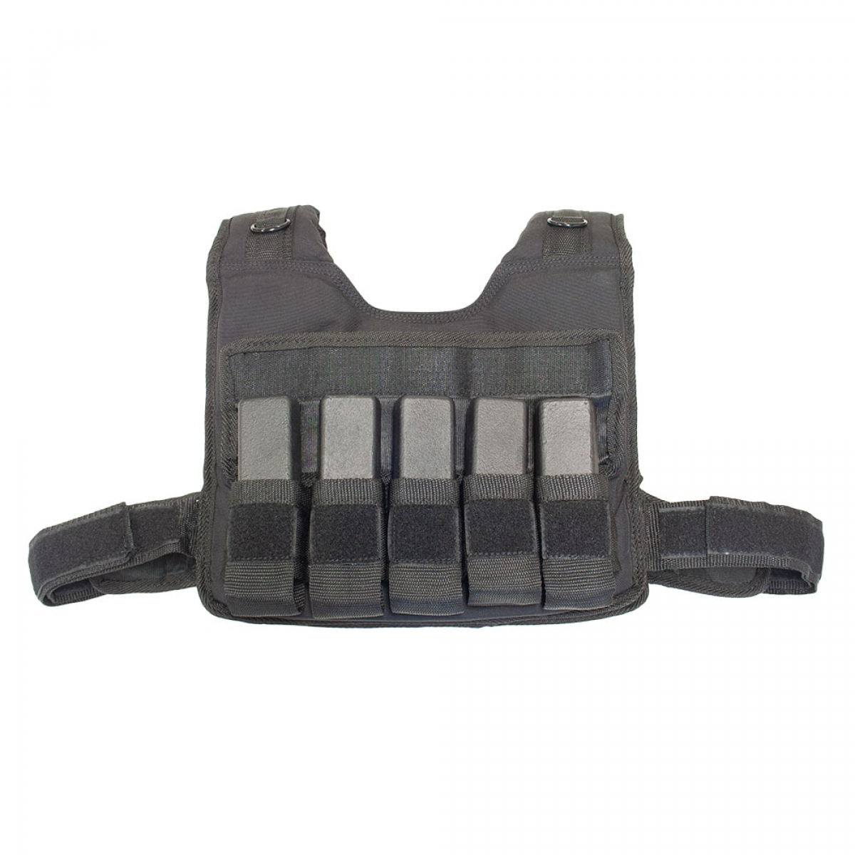 Gilet lesté noir avec cinq poches grises et sangles réglables.