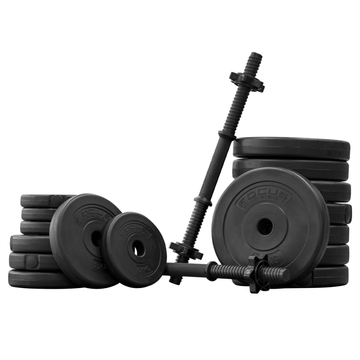A set of black barbells and weight plates on a white background.