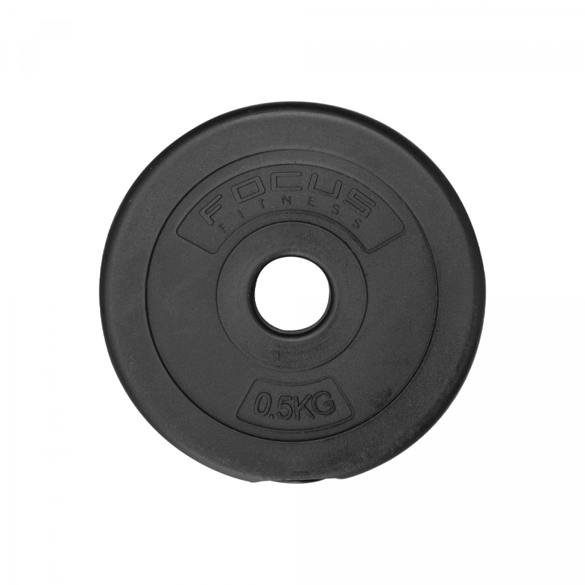 Black weight plate with FOCUS FITNESS and 0.5KG printed on it. White background.