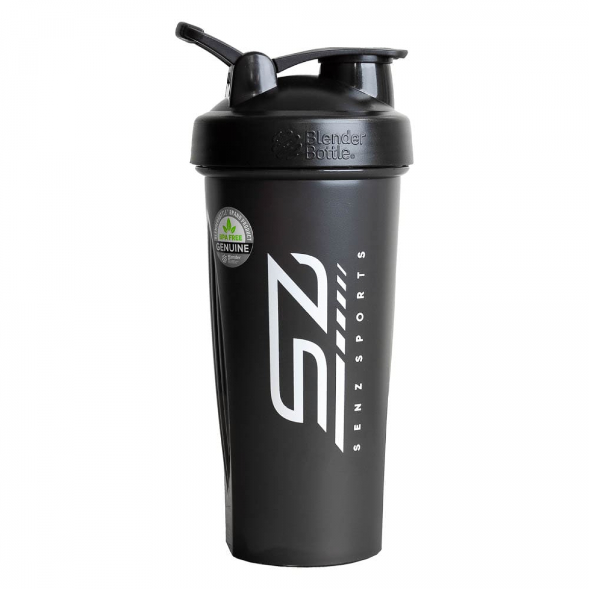 Zwarte SENZ SPORTS shakerfles, met wit logo, geïsoleerd op wit.