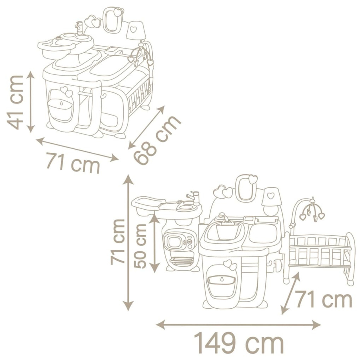 Diagramm einer Wickelkommode mit Abmessungen in Zentimetern.