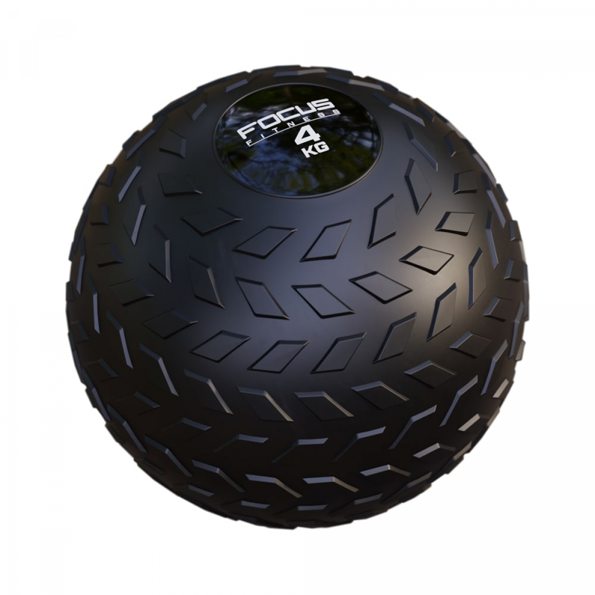 Black slam ball, textured surface with white 'FOCUS FITNESS 4 KG' text on white background.
