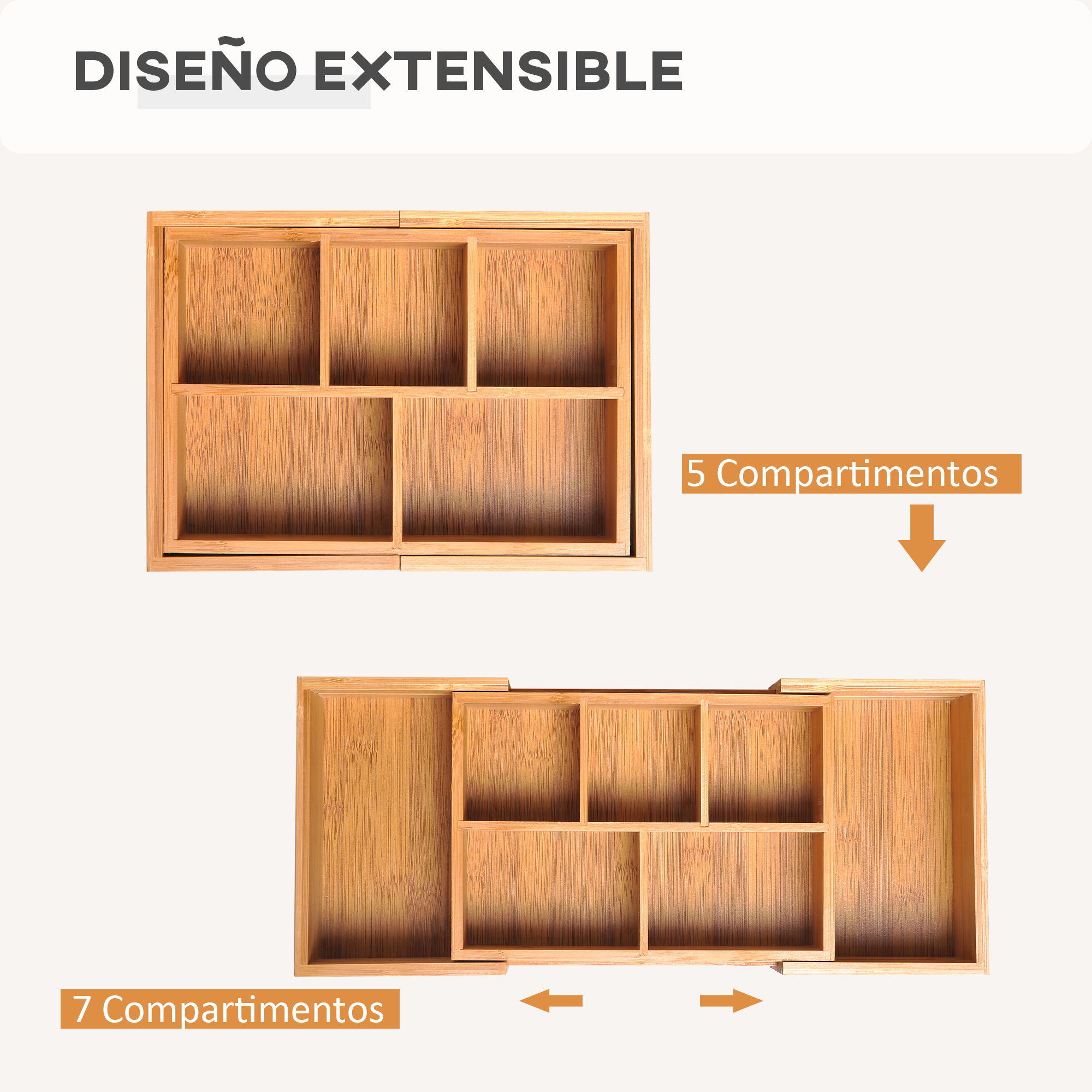 Armario de madera con 5 y 7 compartimentos. El cajón superior está abierto. Fondo blanco.
