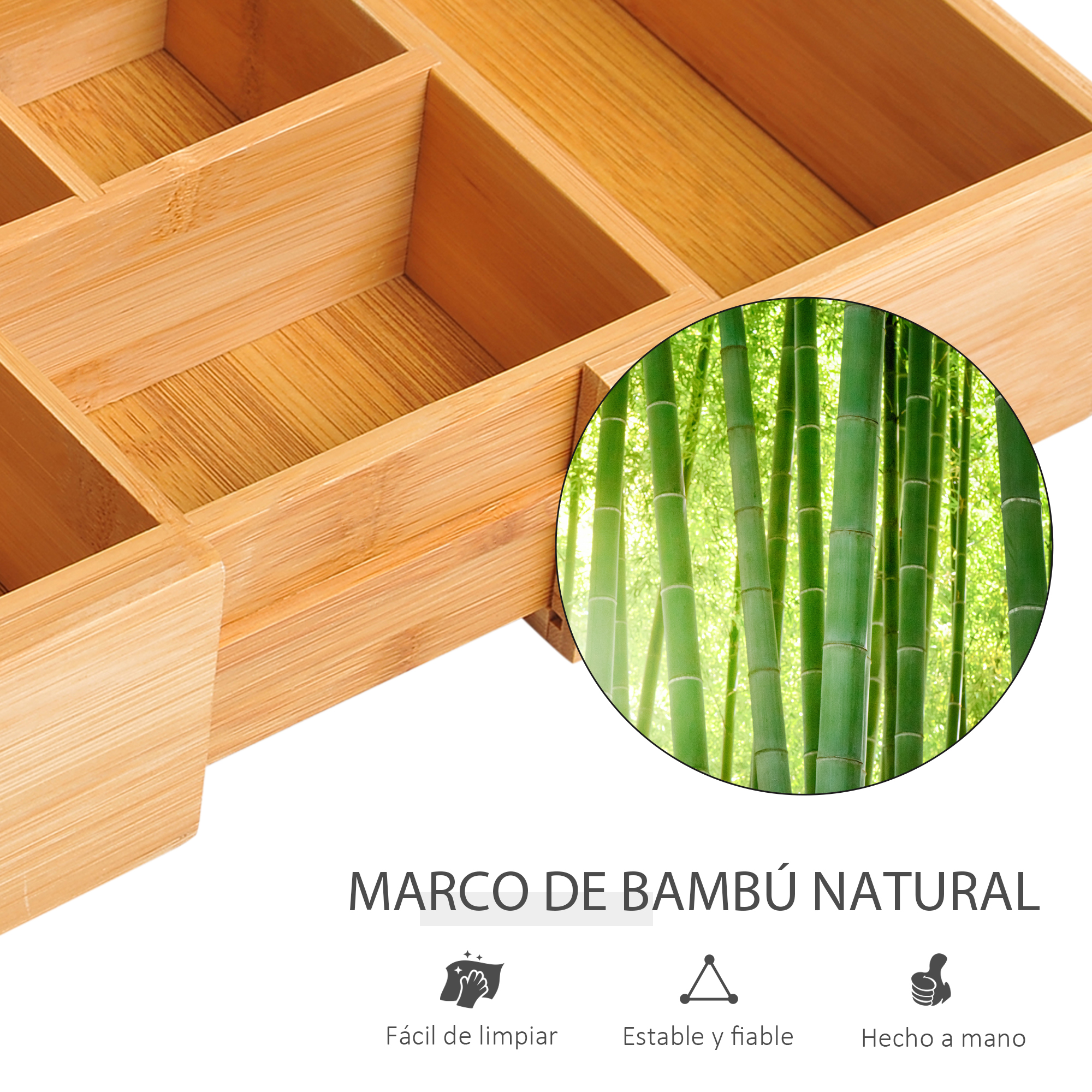 Organizador de cajones de bambú con imagen de bosque de bambú. Texto: Marco de bambú natural.