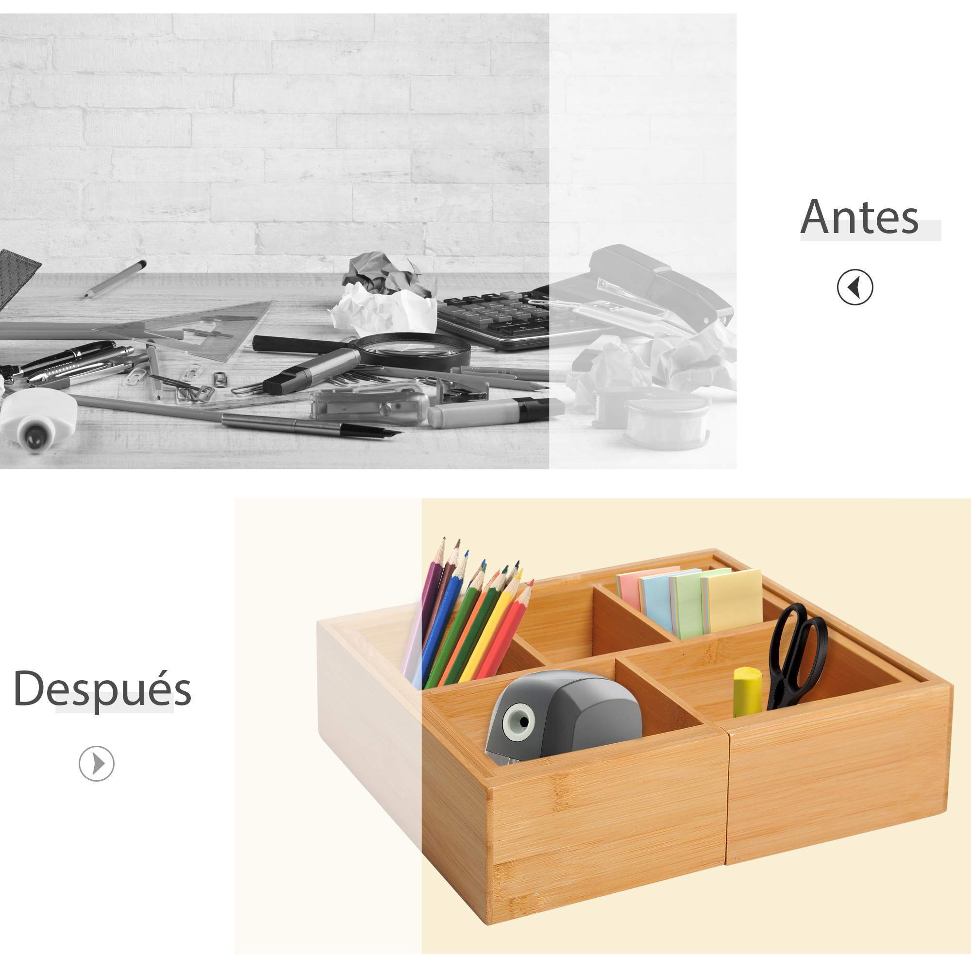 Comparación de escritorio desordenado (antes) y escritorio organizado con organizador de madera (después).