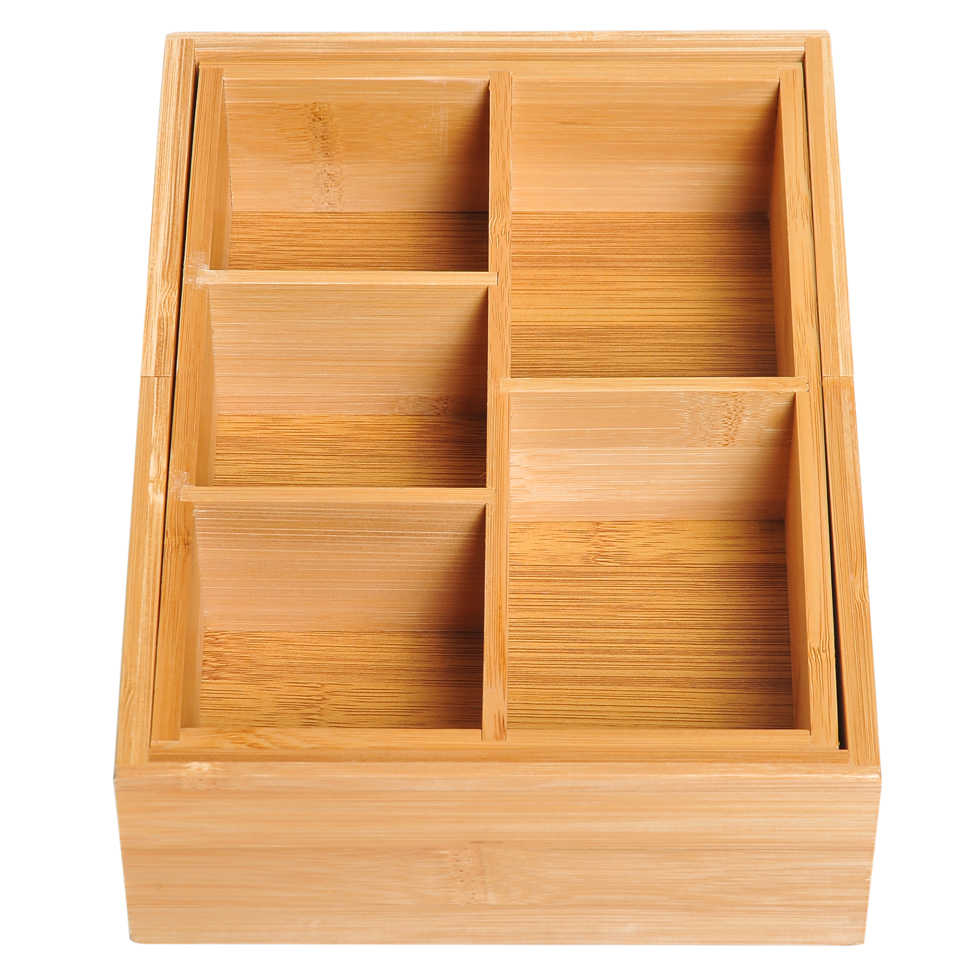 Caja de madera con seis compartimentos. Color madera natural, con fondo blanco.
