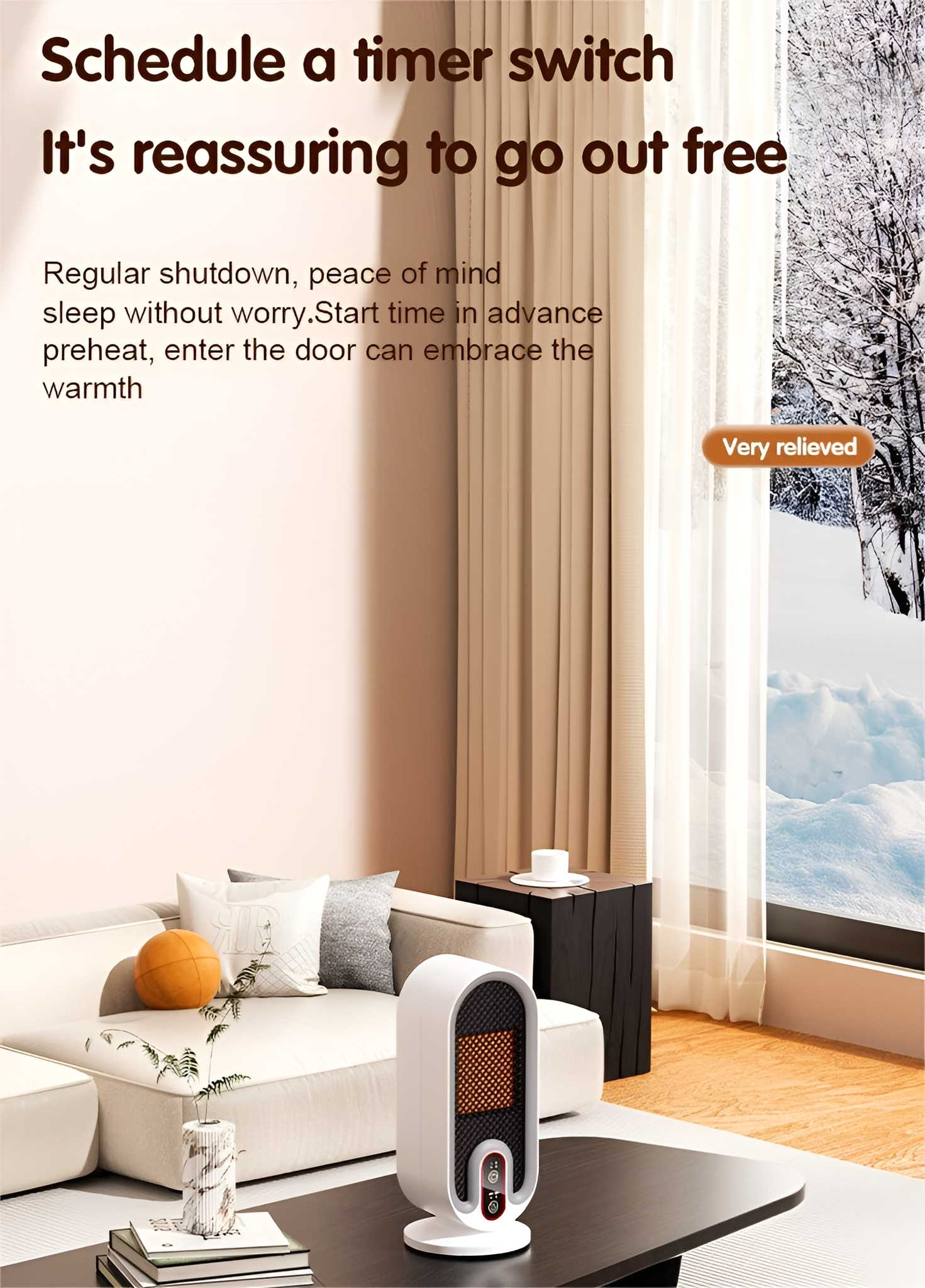 Ein weißer Heizlüfter auf einem weißen Ständer, auf einem Tisch, mit Fenster und Sofa. Text zeigt Timer-Funktion.