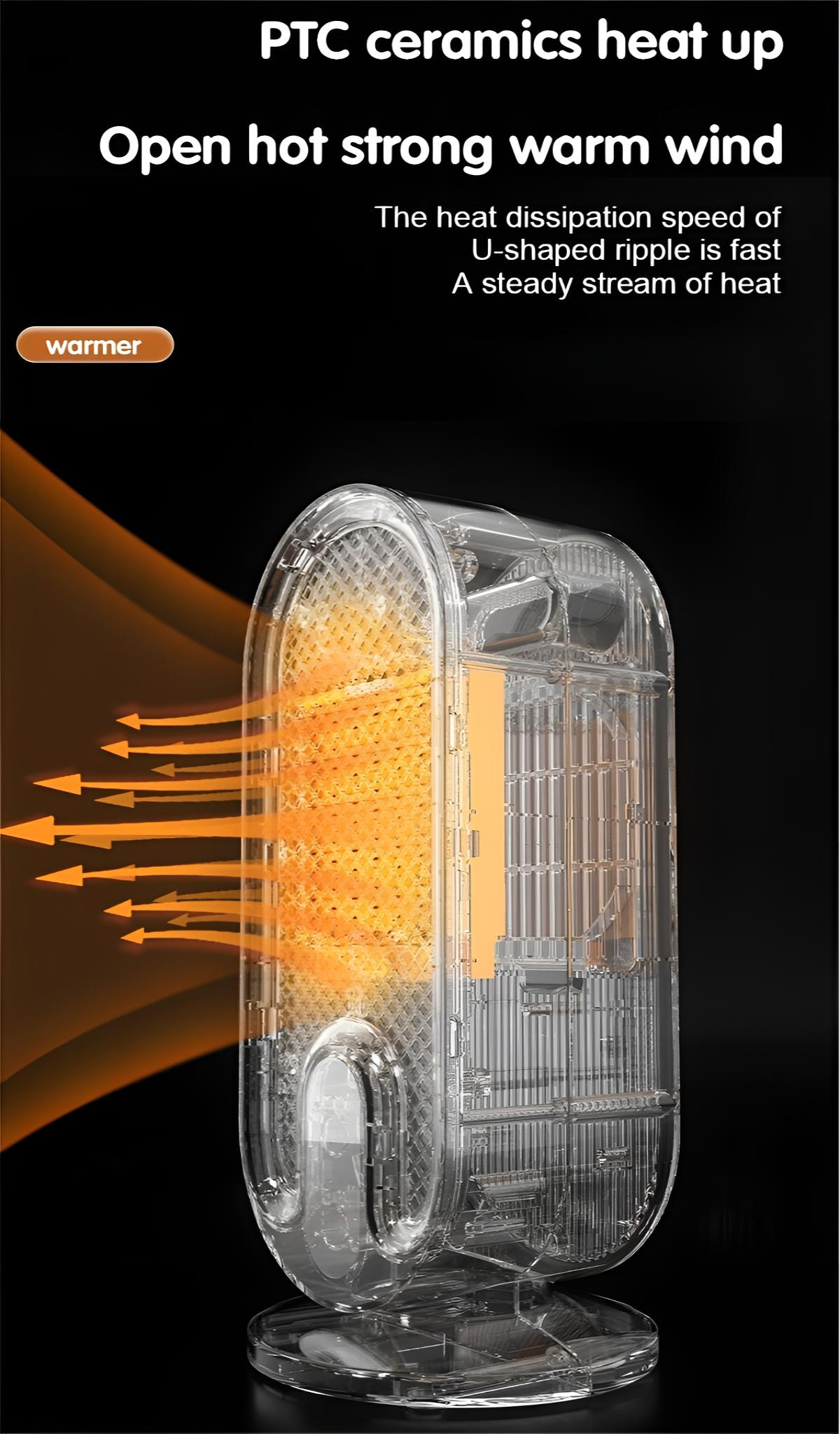 Transparente elektrische Heizung mit orangefarbenem Leuchten im Inneren, Text oben.