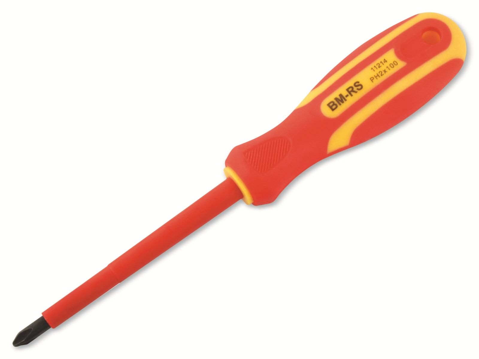 Un destornillador rojo y amarillo con punta negra.