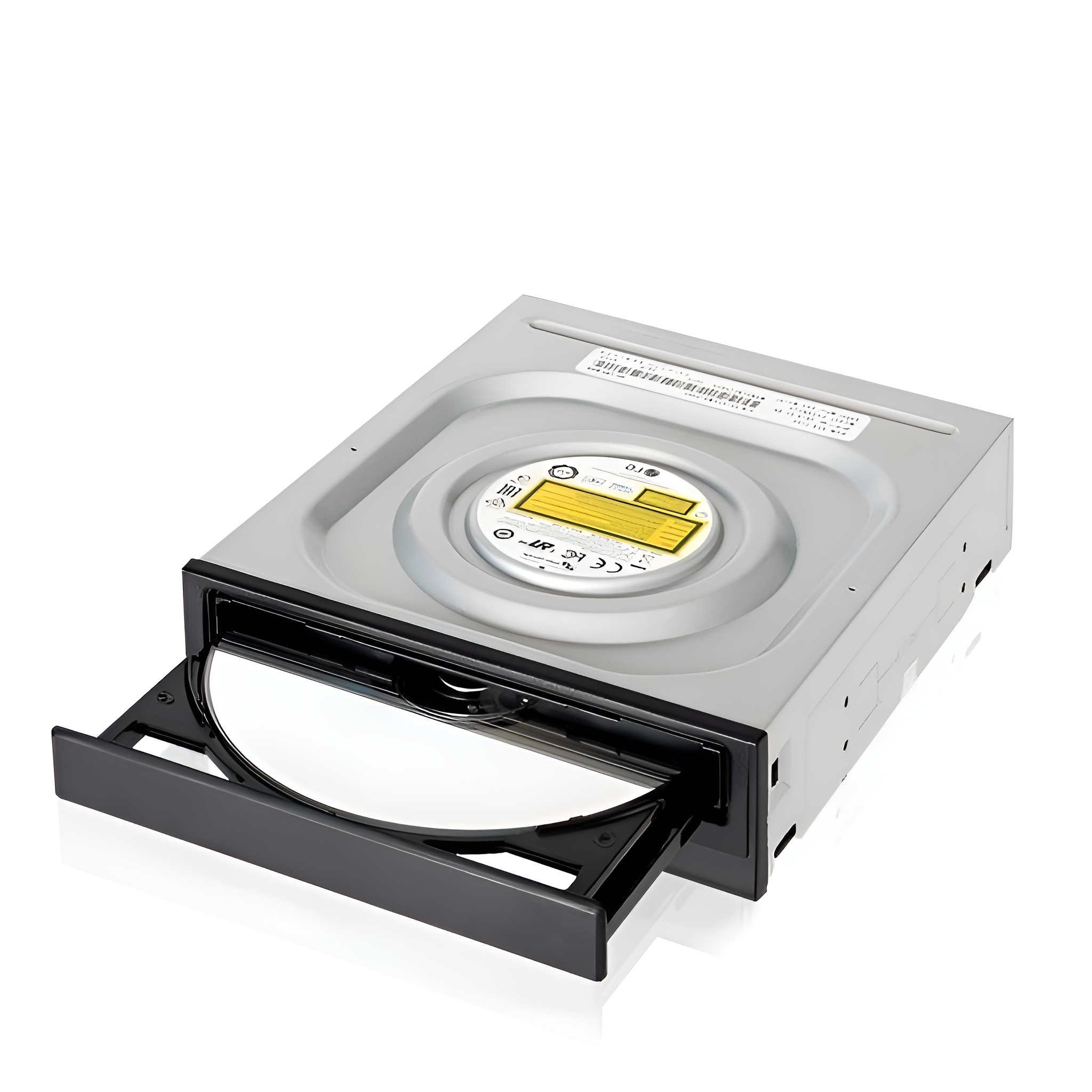 Ein Computer-DVD-Laufwerk mit geöffnetem Fach, das eine Disc zeigt.