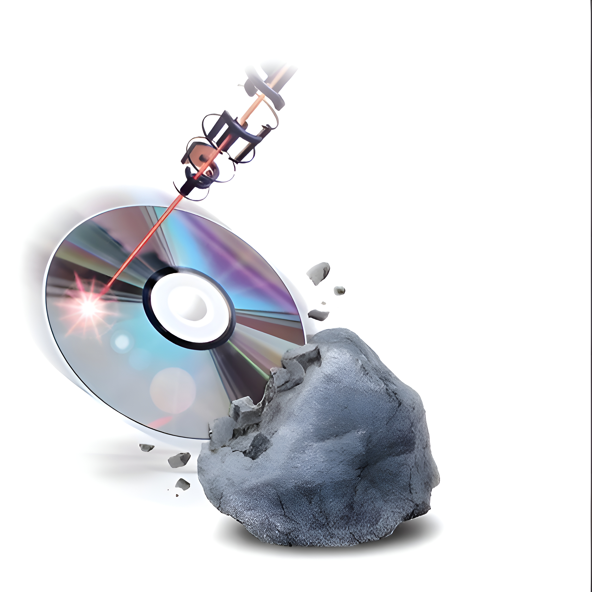 Ein Laserstrahl schneidet eine CD durch und trifft einen Felsen.