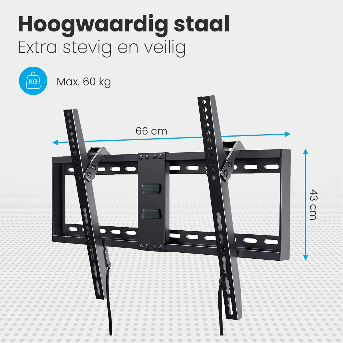 Black TV mount, showing dimensions. Shows 66cm wide and 43cm high. White background.