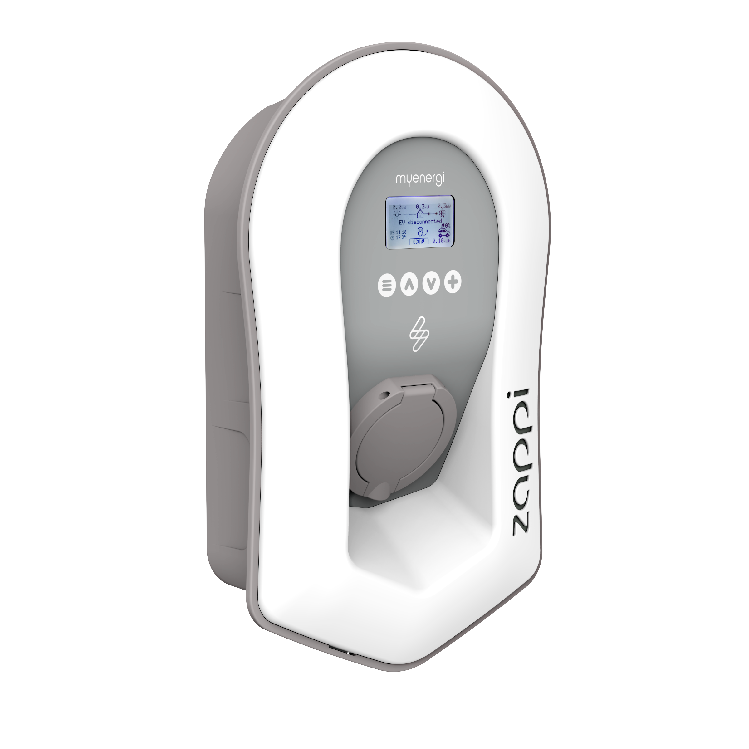 White and gray Zappi electric vehicle charger against dark background. Has a gray charging port.