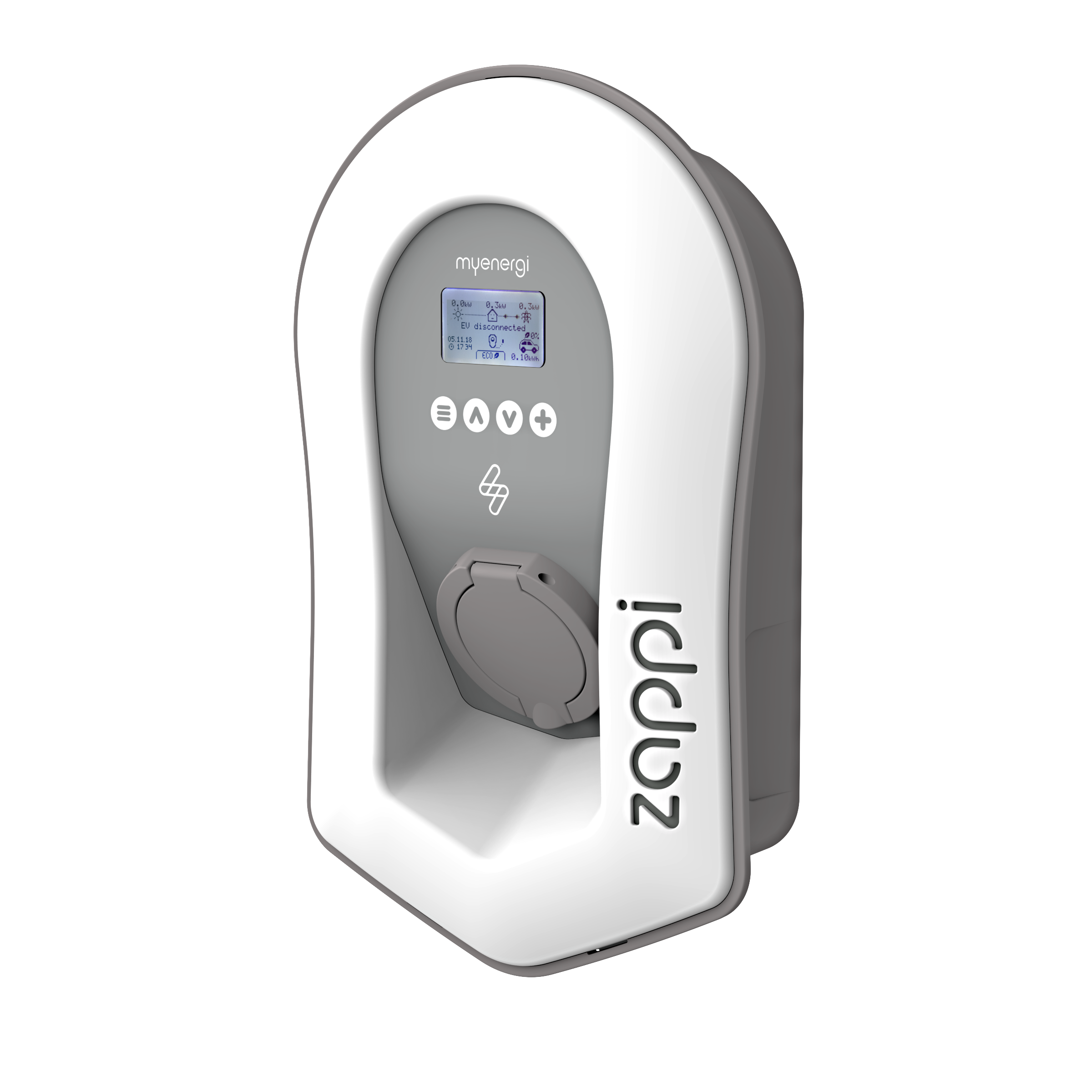 White and gray electric vehicle charger with a screen and a charging port.
