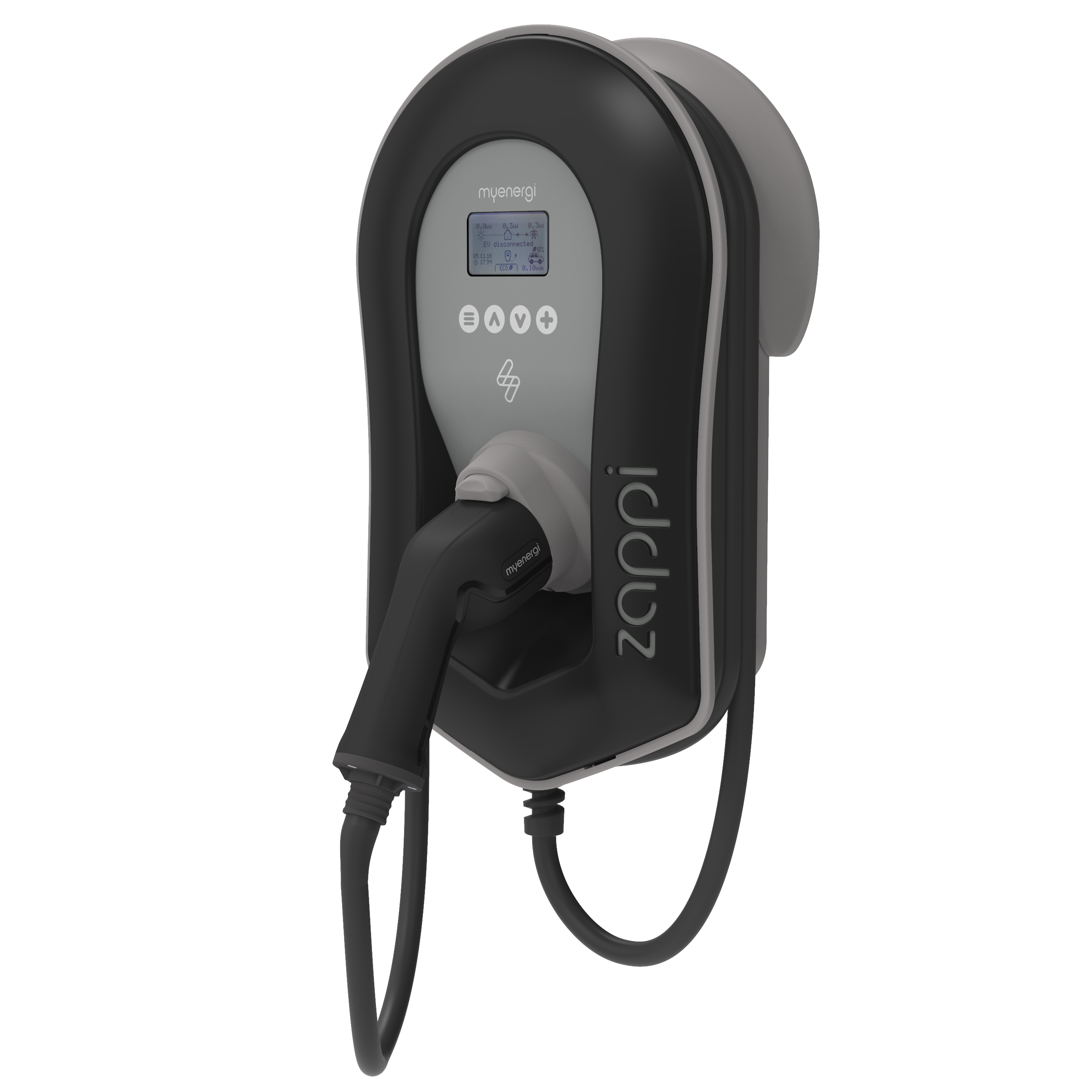 An electric car charger, gray and black, with a charging cable plugged in. The brand is zappi.