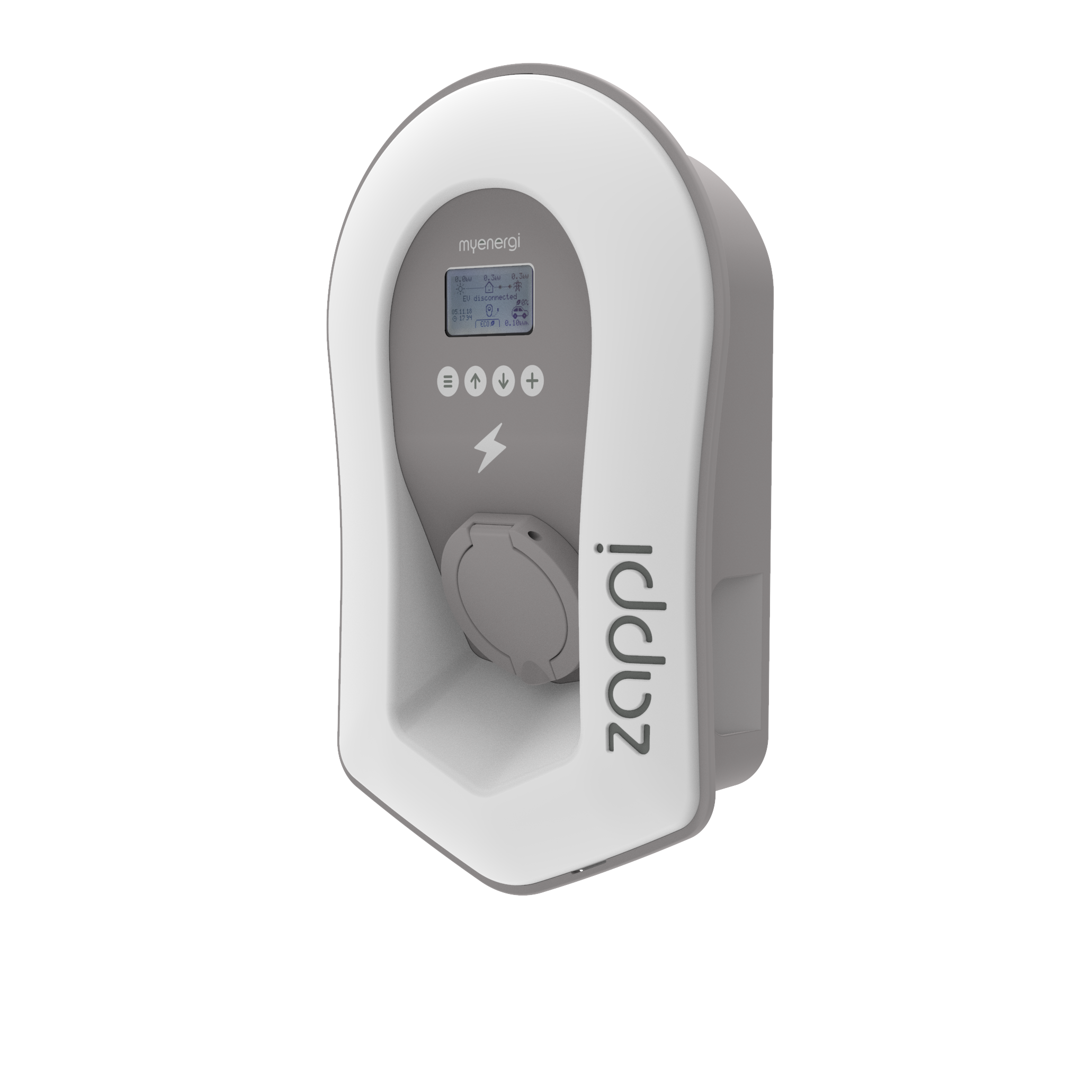 A white and gray electric vehicle charger. It has a screen and the brand name 'Zappi'.
