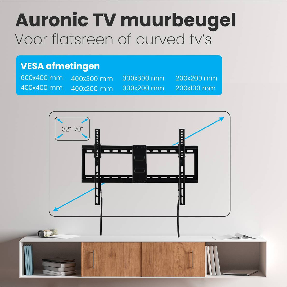 Diagram of a TV wall mount with VESA dimensions and measurements on a white background.