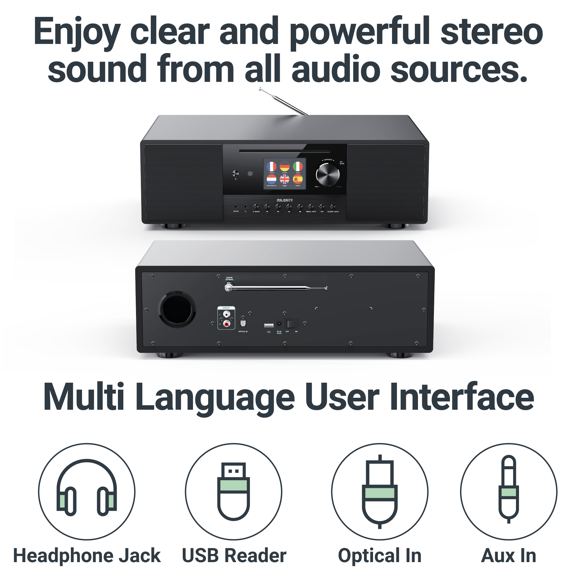 Een stereo-installatie. Het heeft een meertalige gebruikersinterface. Heeft een koptelefoonaansluiting, USB-lezer, optische ingang en aux in.