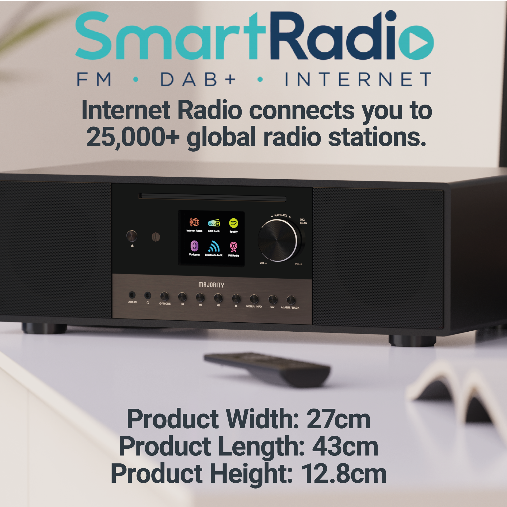 Zwarte radio met display. Toont een scherm met interface. Tekst toont productafmetingen.