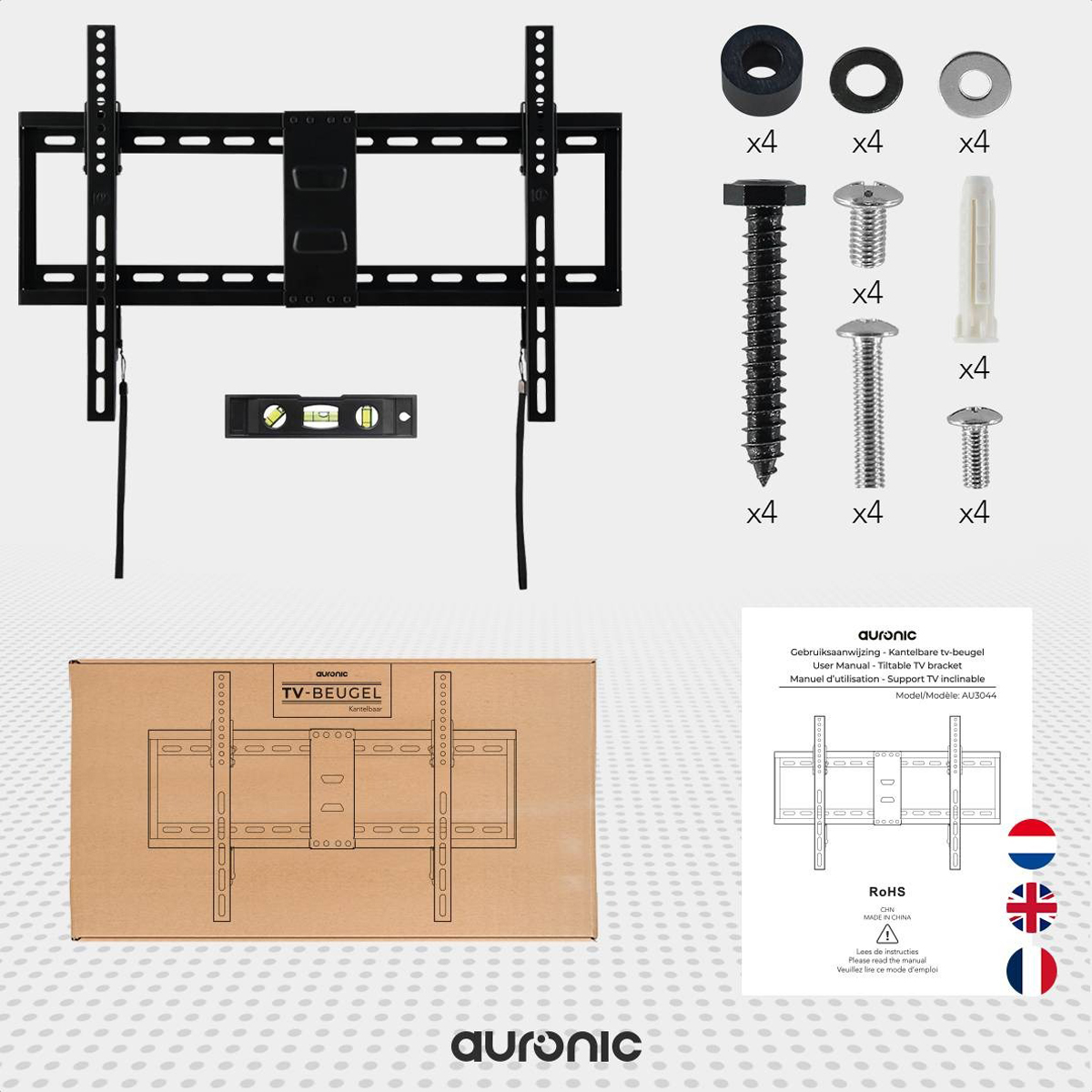 TV bracket set with components, manual, and level. Auronic brand. Brown box and accessories.