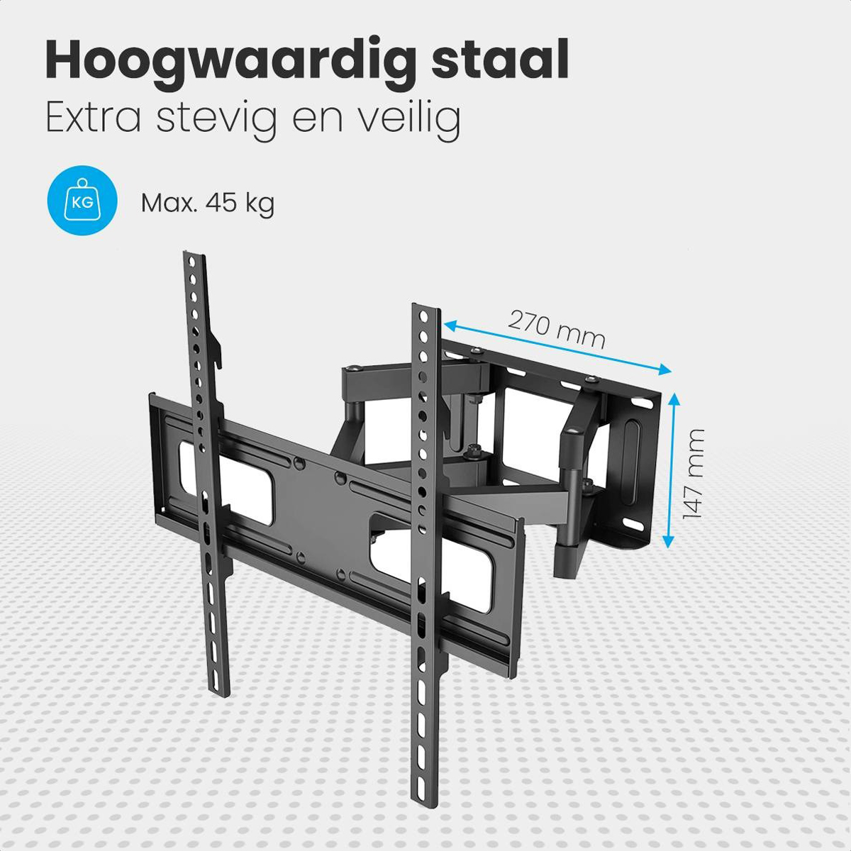 Eine schwarze TV-Halterung mit Abmessungen, vor hellem Hintergrund, zeigt max. 45 kg.
