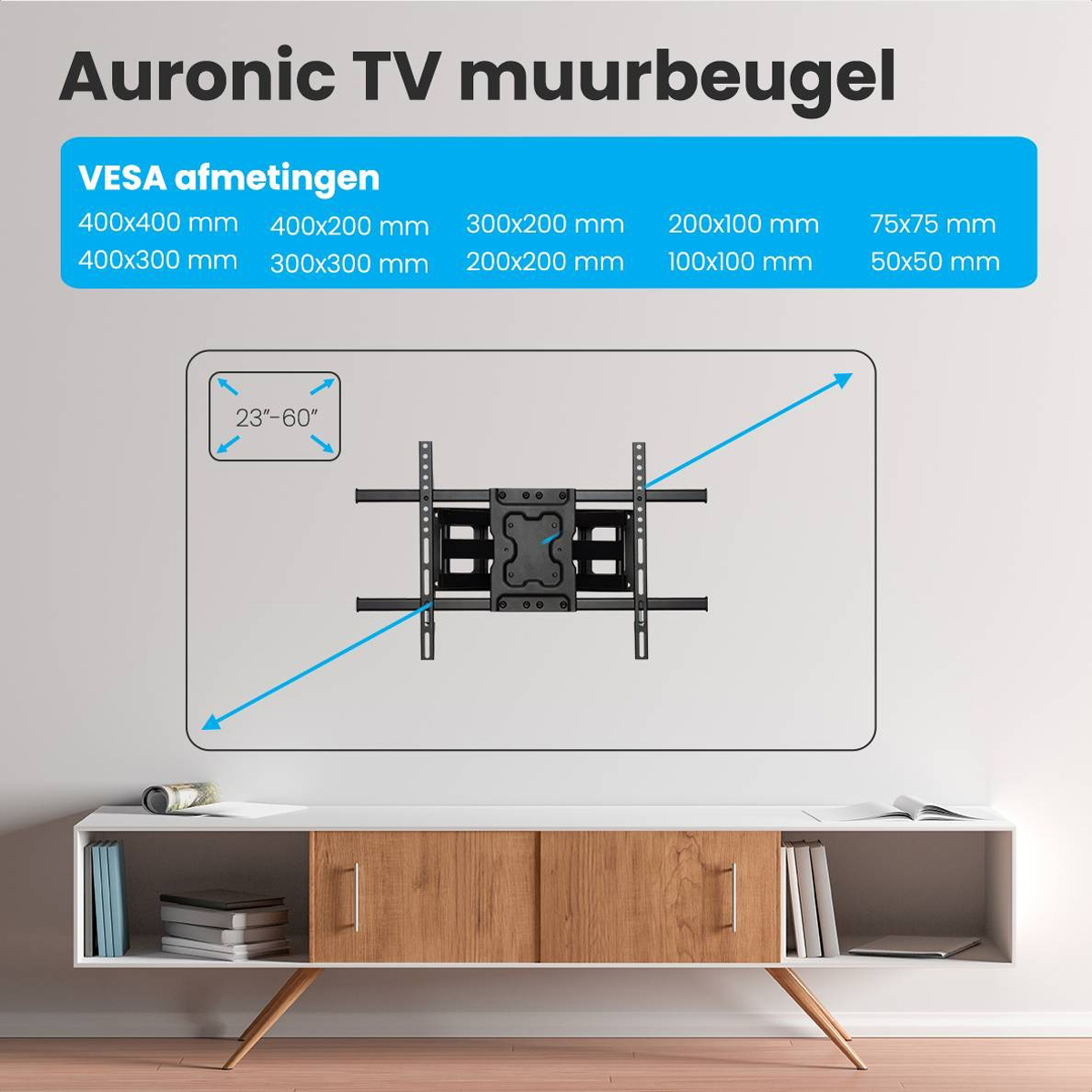 Ein TV-Halterungsdiagramm mit Abmessungen. Der Text lautet 'Auronic TV muurbeugel'.