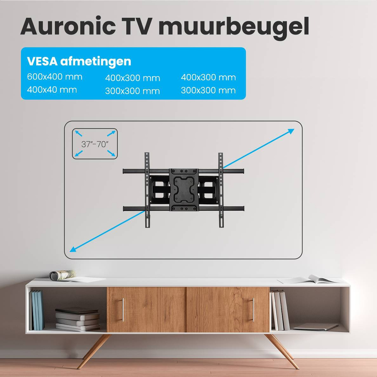 TV wall mount on a white surface. Black mount with measurements.