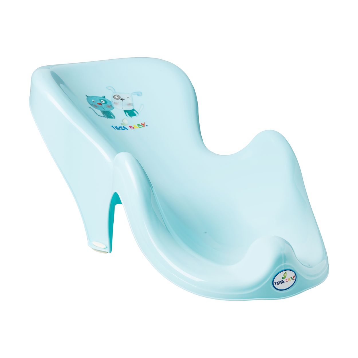 Ein hellblaues Baby-Badewannensitz mit Cartoon-Tiergrafiken, geschwungenem Design und dem Markennamen 'Tega Baby'.