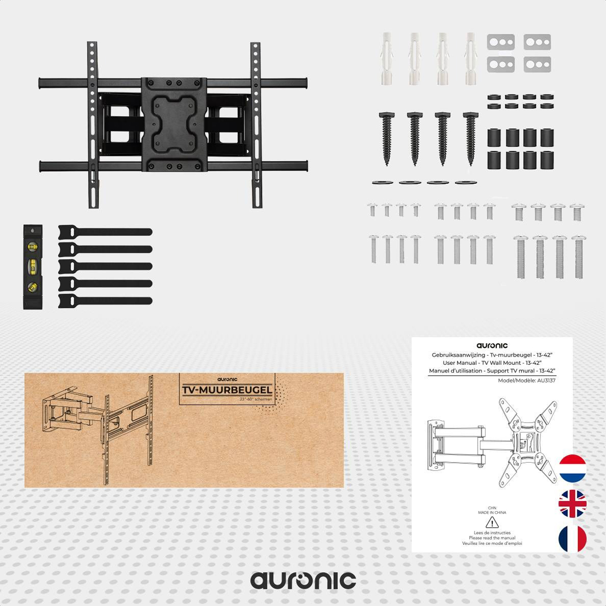 Package with TV mount, screws, level, and instructions. The text includes: TV-MUURBEUGEL, and AURONIC.