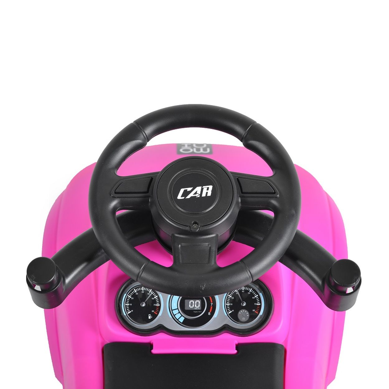 Rosa Spielzeugauto-Lenkrad mit Anzeigen und einem 'CAR'-Logo. Weißer Hintergrund.