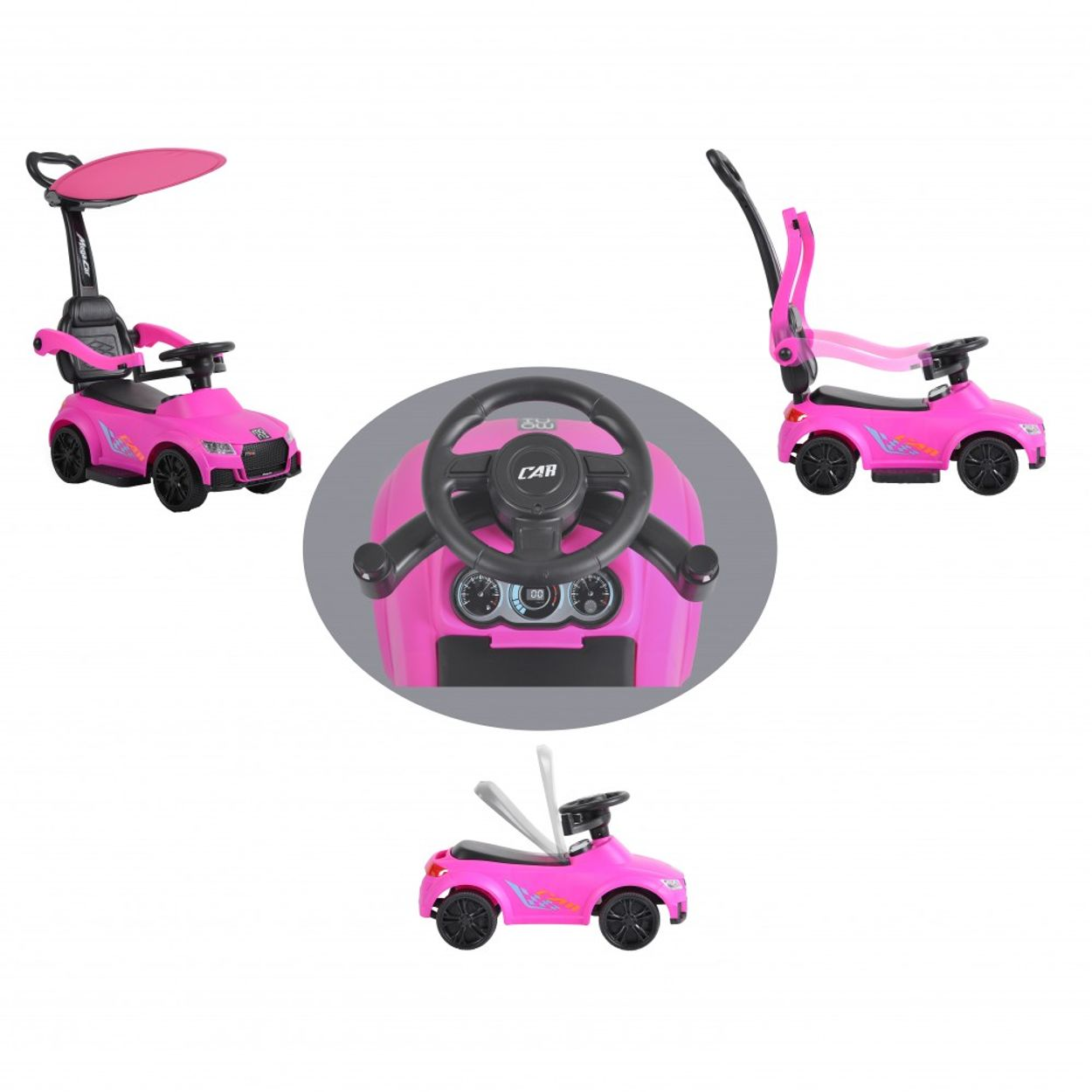 Pinkes Spielzeugauto, mit mehreren Ansichten. Verfügt über ein Lenkrad und ein Verdeck.
