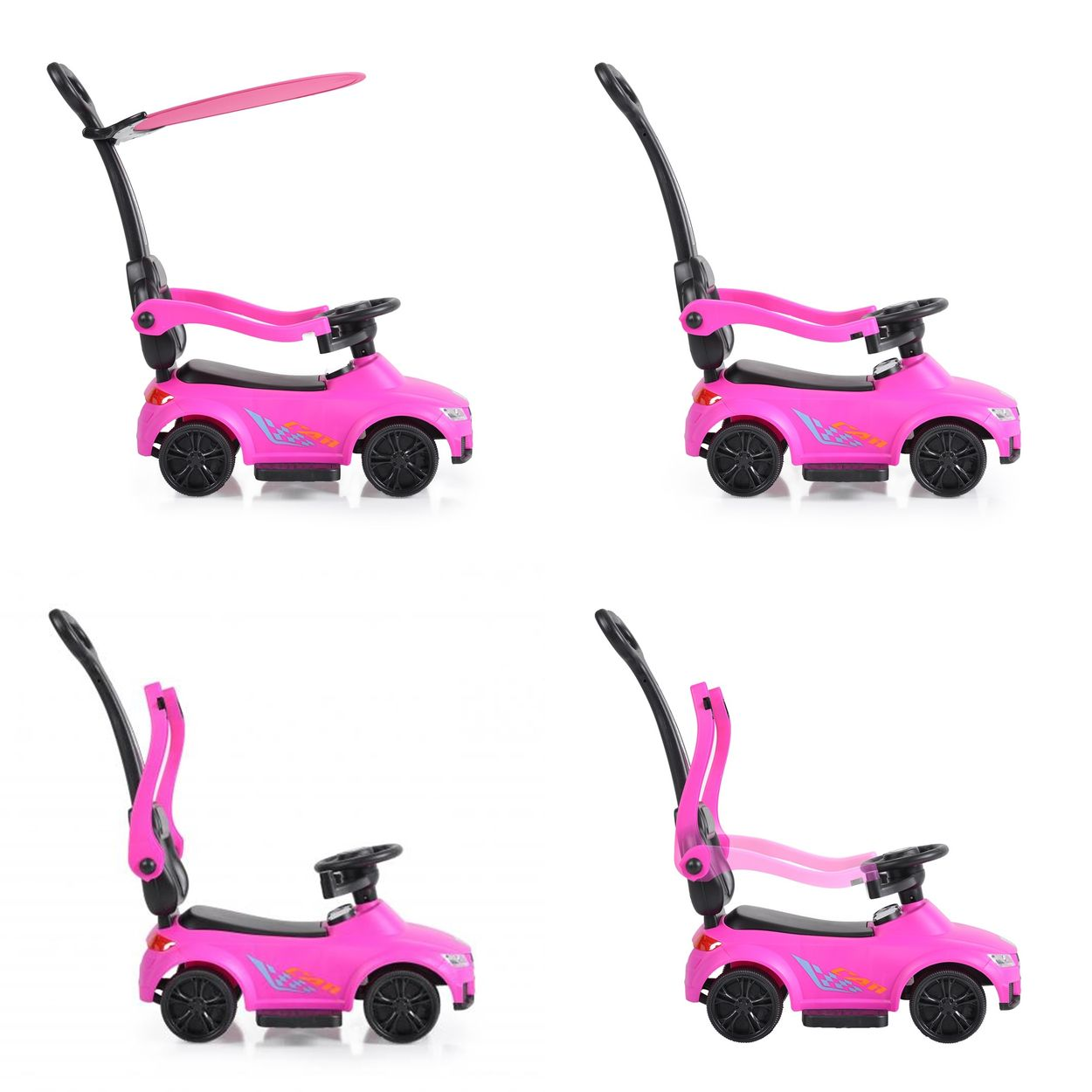 Das Bild zeigt ein rosa Spielzeugauto zum Aufsitzen in verschiedenen Positionen.