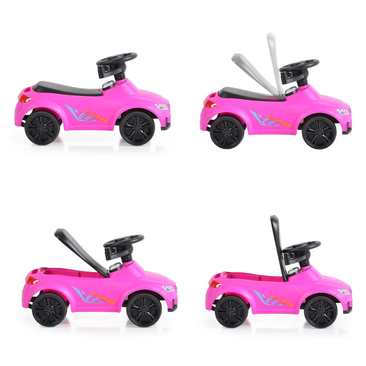 Vier Bilder eines rosa Spielzeugautos. Oben ist der Griff oben und unten. Unten ist der Griff oben und unten.