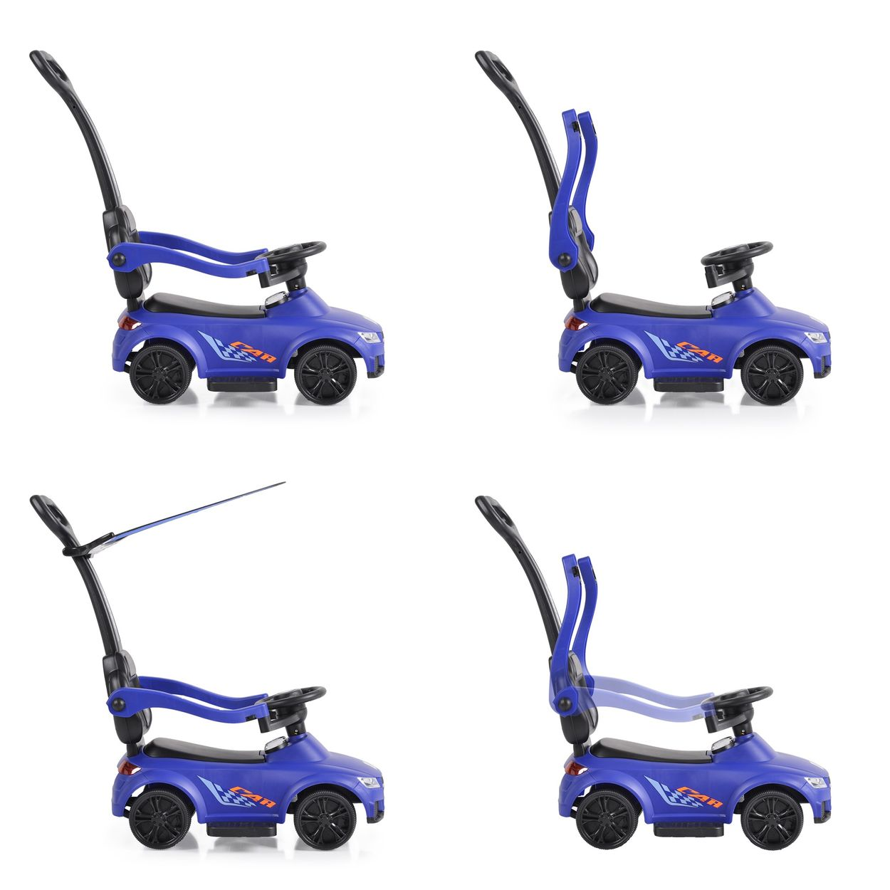 Vier Bilder zeigen ein blaues Spielzeugauto mit Griff. Der Griff ist verstellbar.