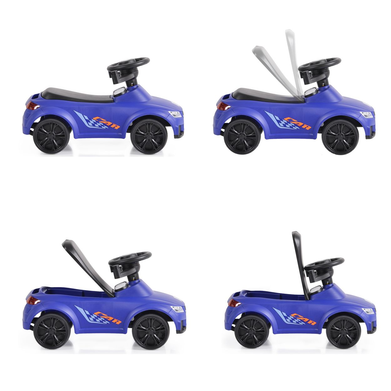 Vier blaue Spielzeugautos, wobei das obere rechte zeigt, wie der Rücksitz geöffnet werden kann.