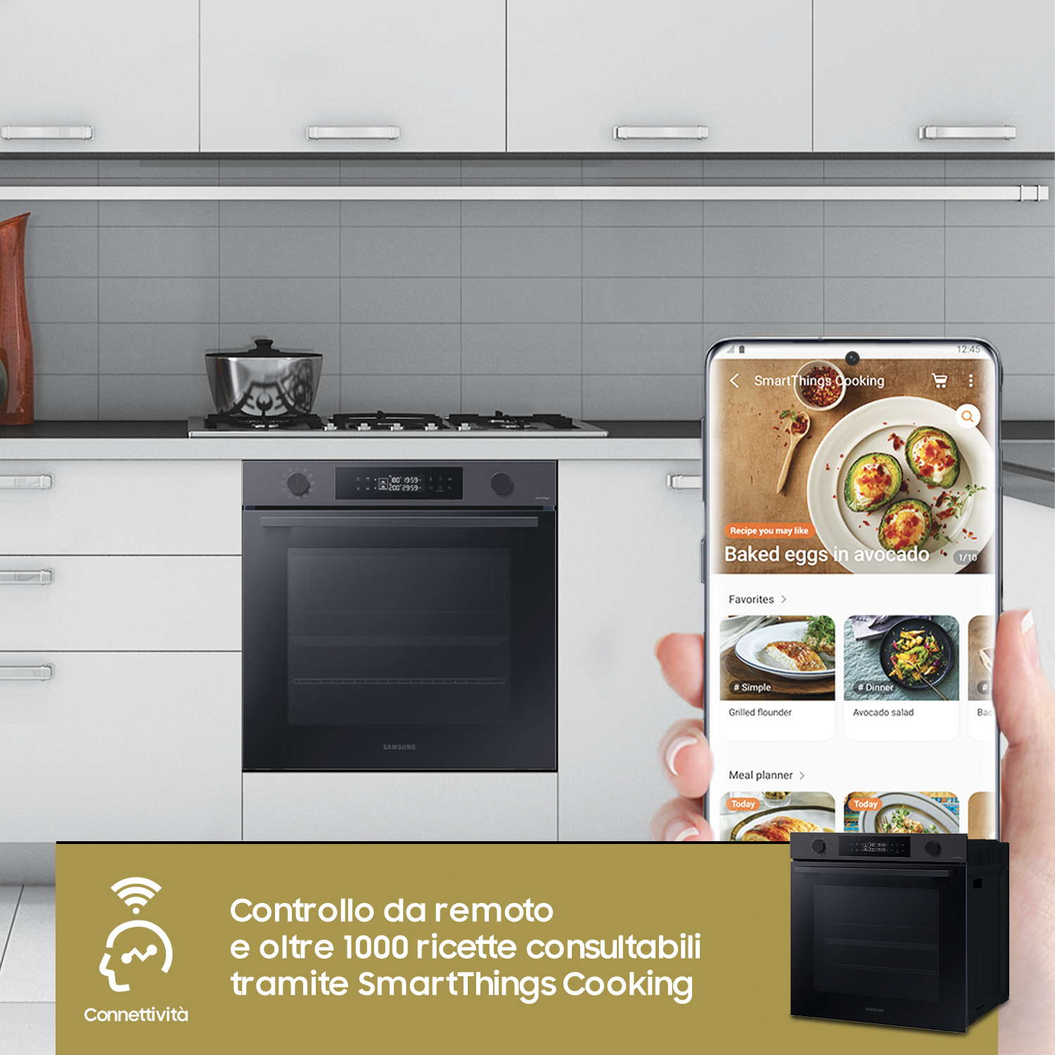 Scena cucina con forno Samsung e smartphone che mostra ricetta.