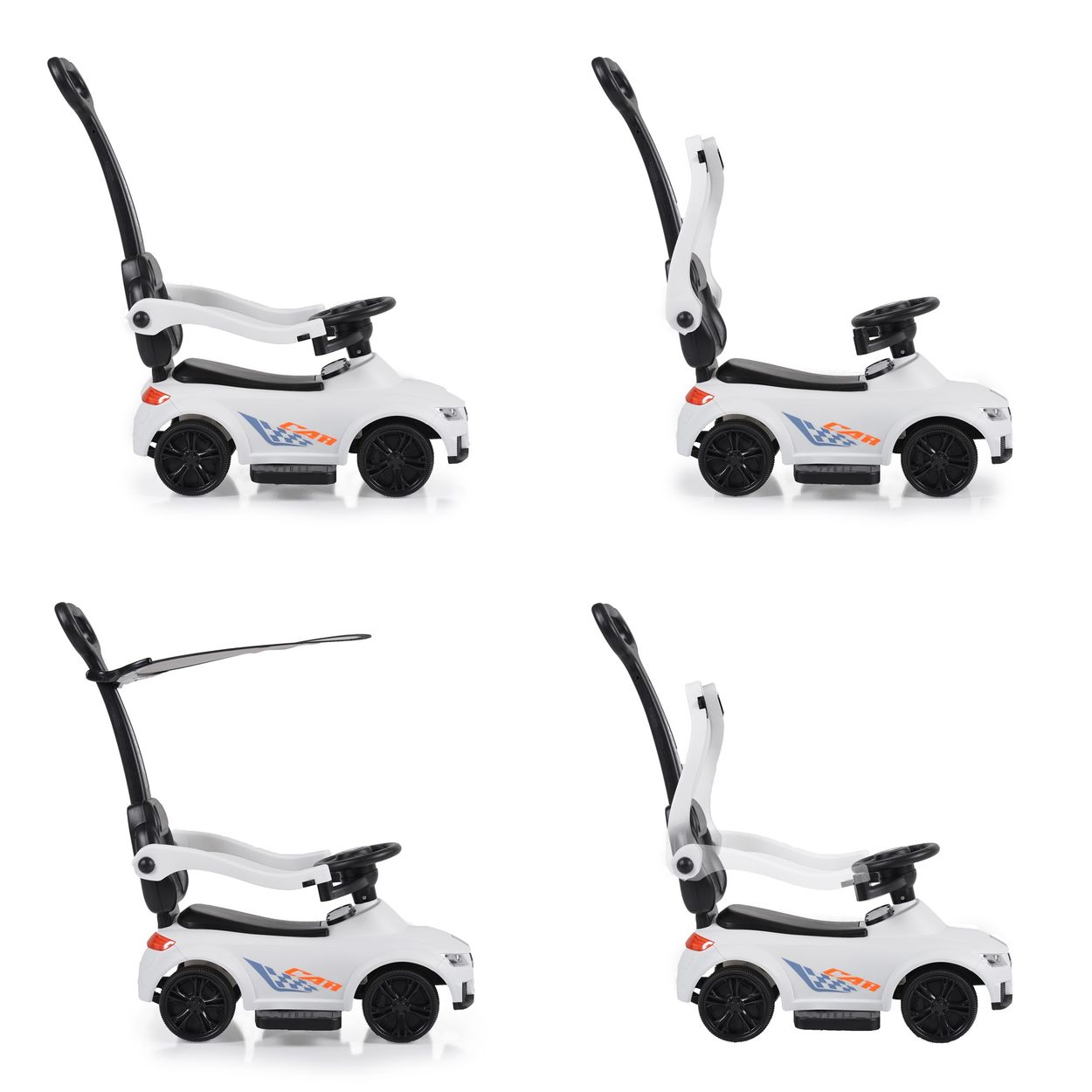 Vier Bilder eines weißen Spielzeugautos mit Griff, aus verschiedenen Blickwinkeln gezeigt.