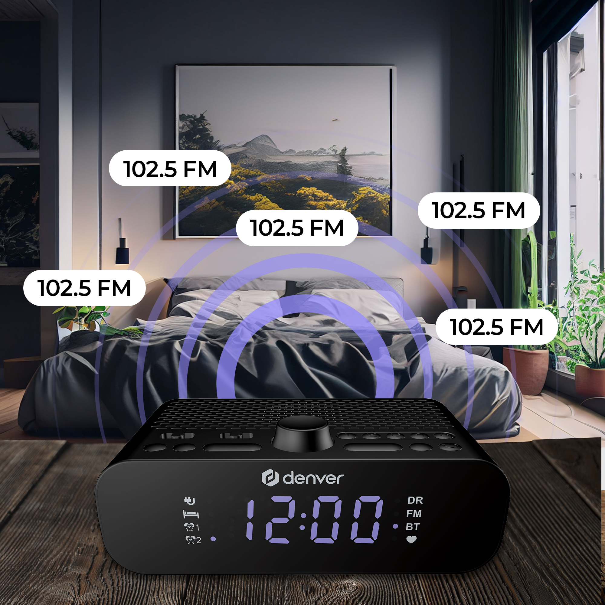 Ein schwarzes Radiowecker mit Digitalanzeige und ein Bett mit Landschaftsbild. Radiowellen werden gezeigt.