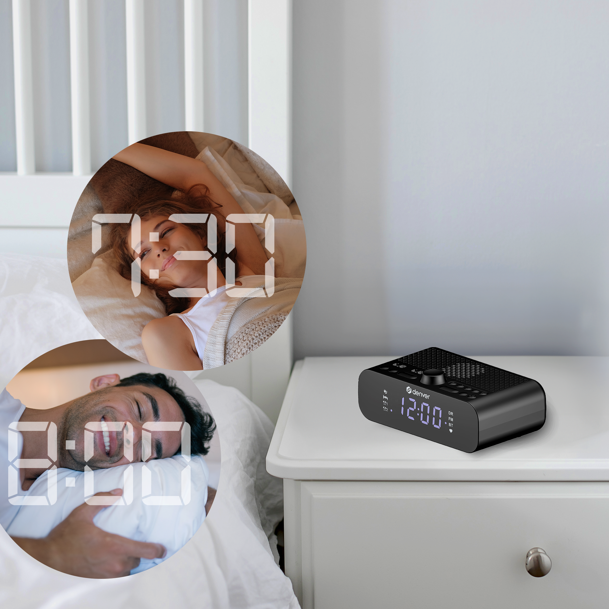 Uhr zeigt 7:30 und 6:00, Mann und Frau im Bett, neben einem schwarzen Wecker.