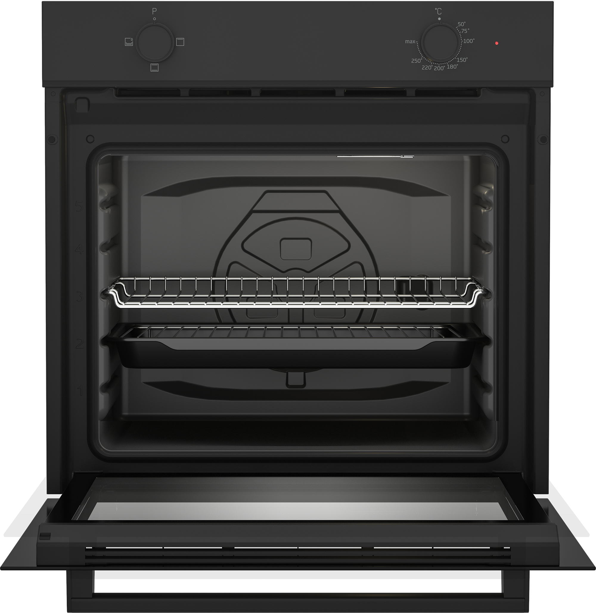 Forno nero con porta aperta, interno visibile. Con ripiani e un vassoio. Luce rossa accesa.