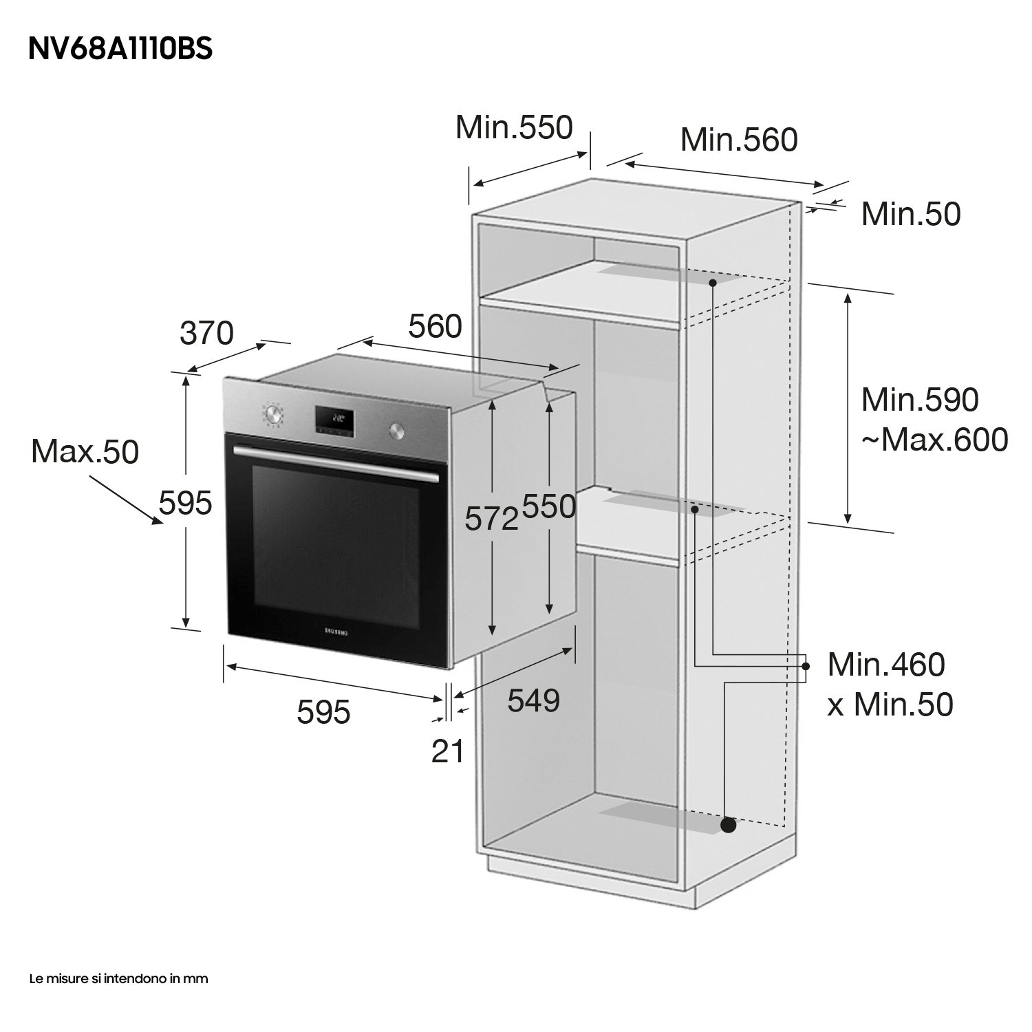 Diagramma di un forno, che mostra le dimensioni in millimetri e un contorno dell'armadio.