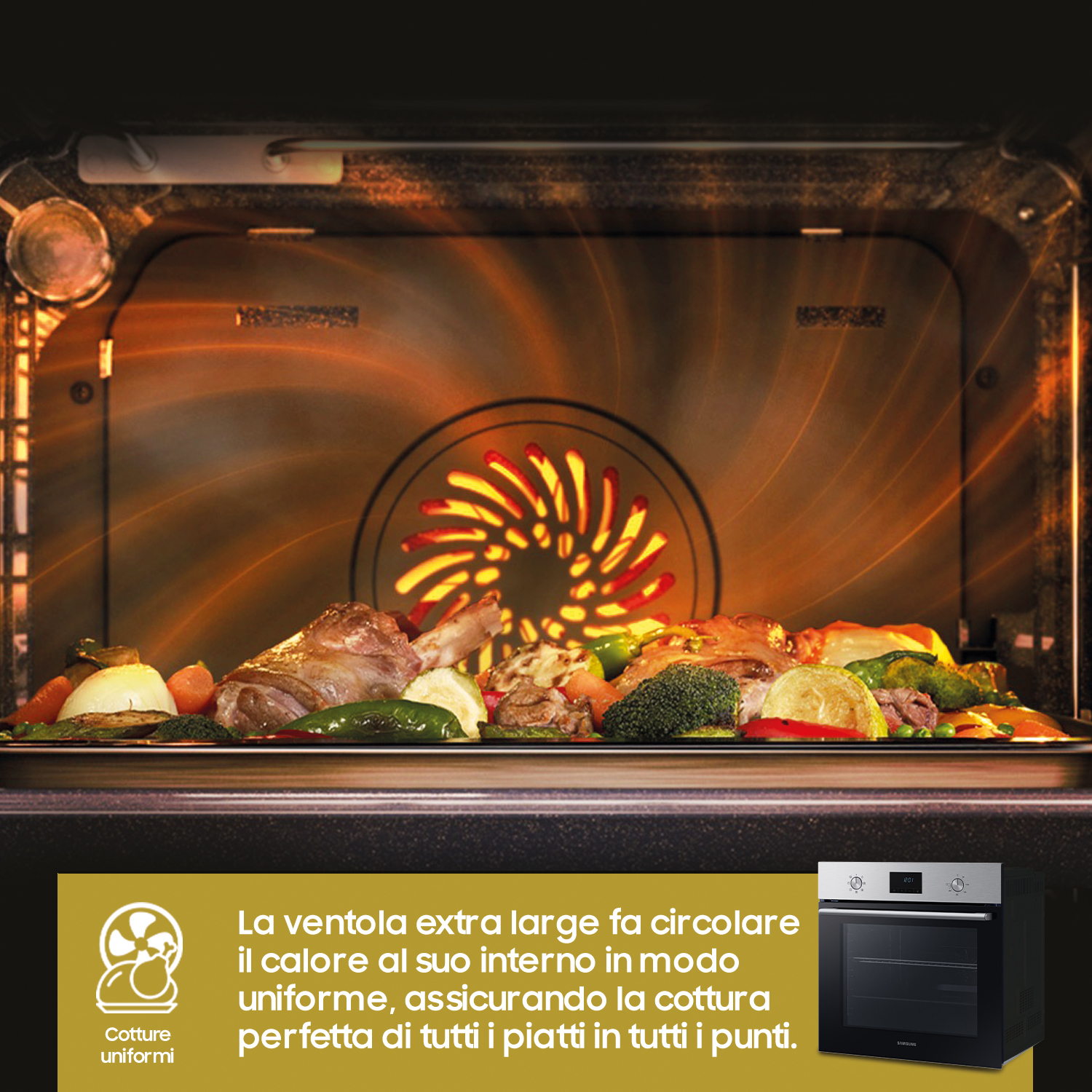 Interno del forno con cibo cotto. Ventola arancione. La porta del forno è aperta. L'immagine mostra il forno.