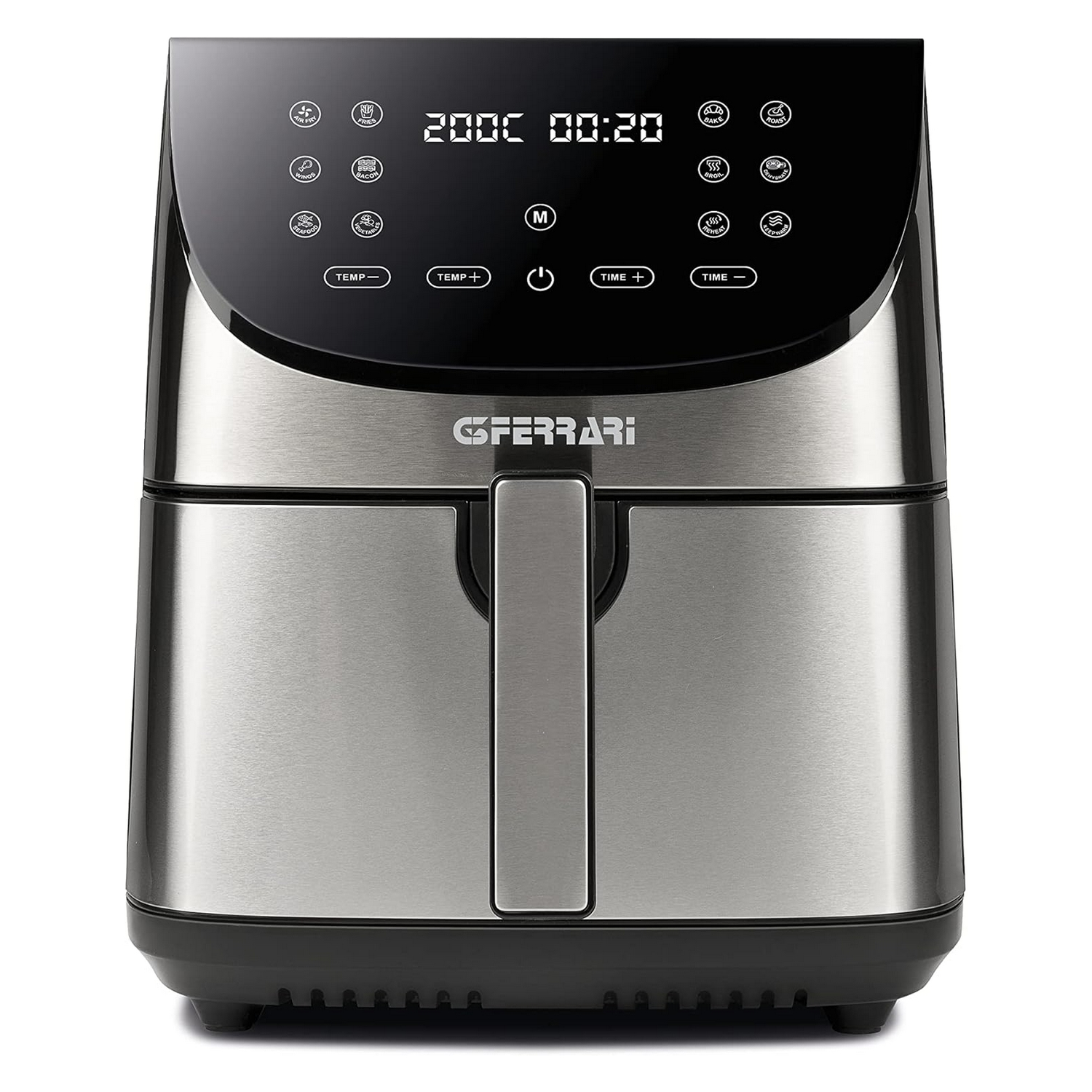 Frytownica beztłuszczowa ze stali nierdzewnej z czarną górą. Istnieją przyciski sterowania i wyświetlacz.