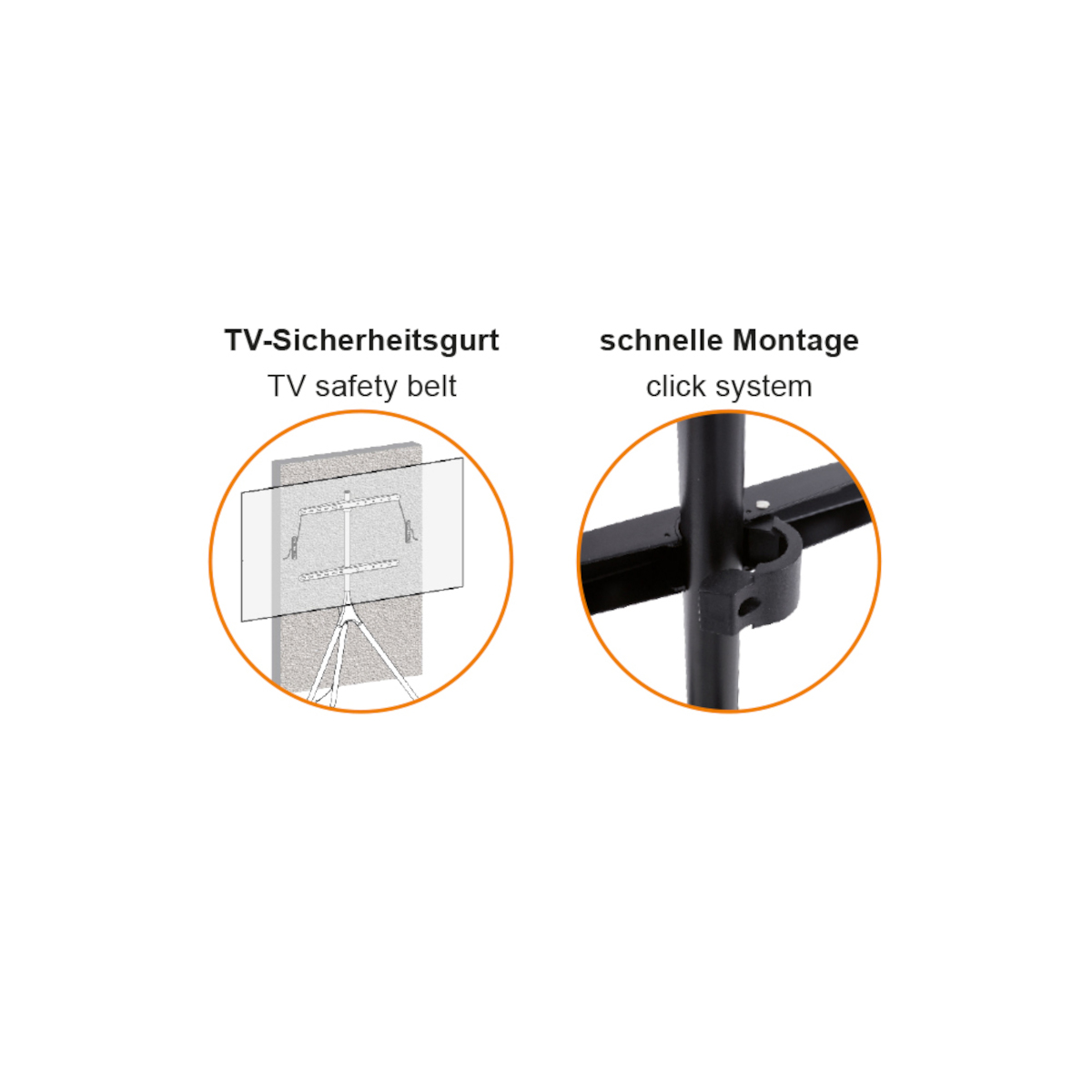 Diagramm, das die Installation eines TV-Sicherheitsgurtes und ein Klicksystem zeigt. Der Text ist auf Englisch und Deutsch.