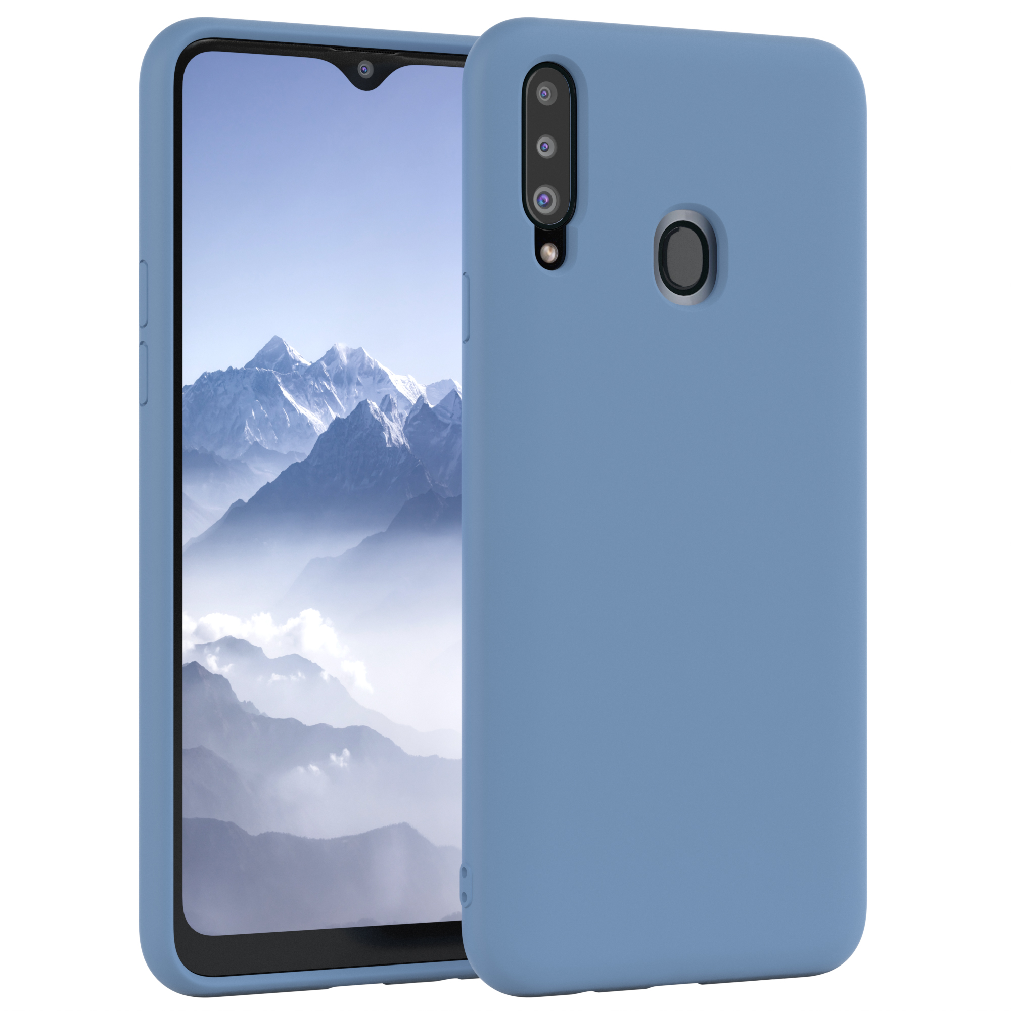 Blaues Telefon in Hülle, Berglandschaft auf dem Bildschirm. Hülle rechts.
